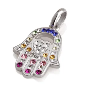 Hamsa Silver Pendant With Multi Colors Gemstones   925 Sterling Silver Chain #48