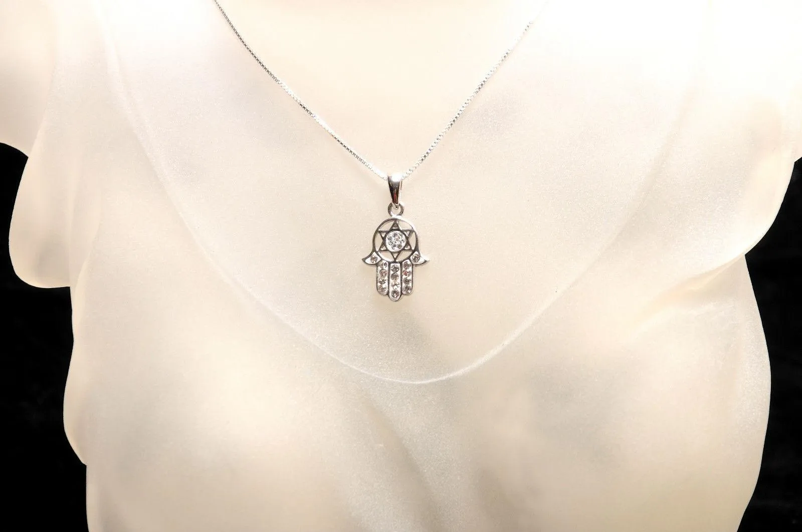 Hamsa Silver Pendant With White Gemstones   925 Sterling Silver Chain #20