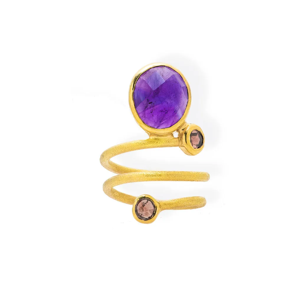 Handmade Gold Plated Silver Ring with Amethyst & Rhodolite Gemstones