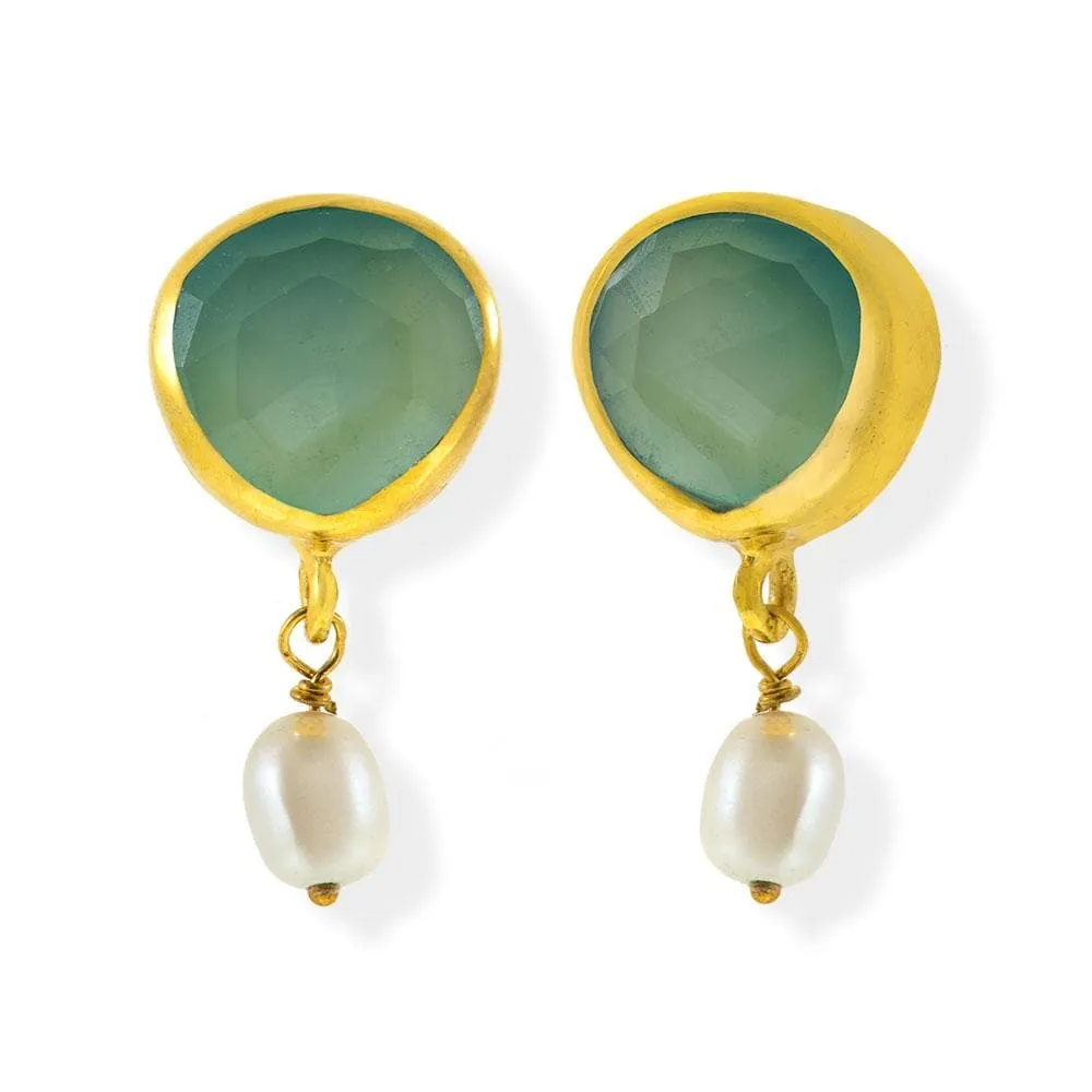 Handmade Gold Plated Silver Stud Earrings With Chalcedony Gemstones & Pearls