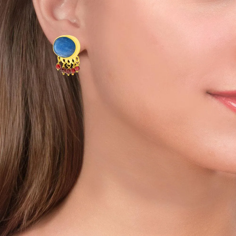 Handmade Gold Plated Silver Stud Earrings With Kyanite & Rhodolite Gemstones