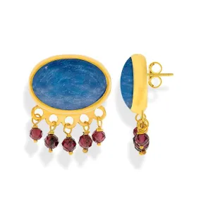 Handmade Gold Plated Silver Stud Earrings With Kyanite & Rhodolite Gemstones