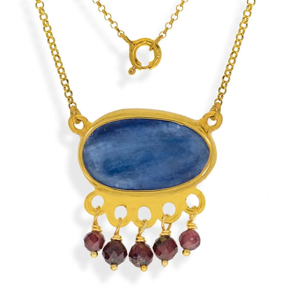 Handmade Short Gold Plated Silver Chain Necklace With Kyanite & Rhodolite Gemstones