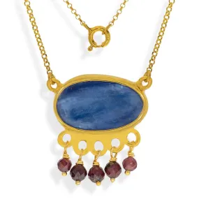 Handmade Short Gold Plated Silver Chain Necklace With Kyanite & Rhodolite Gemstones