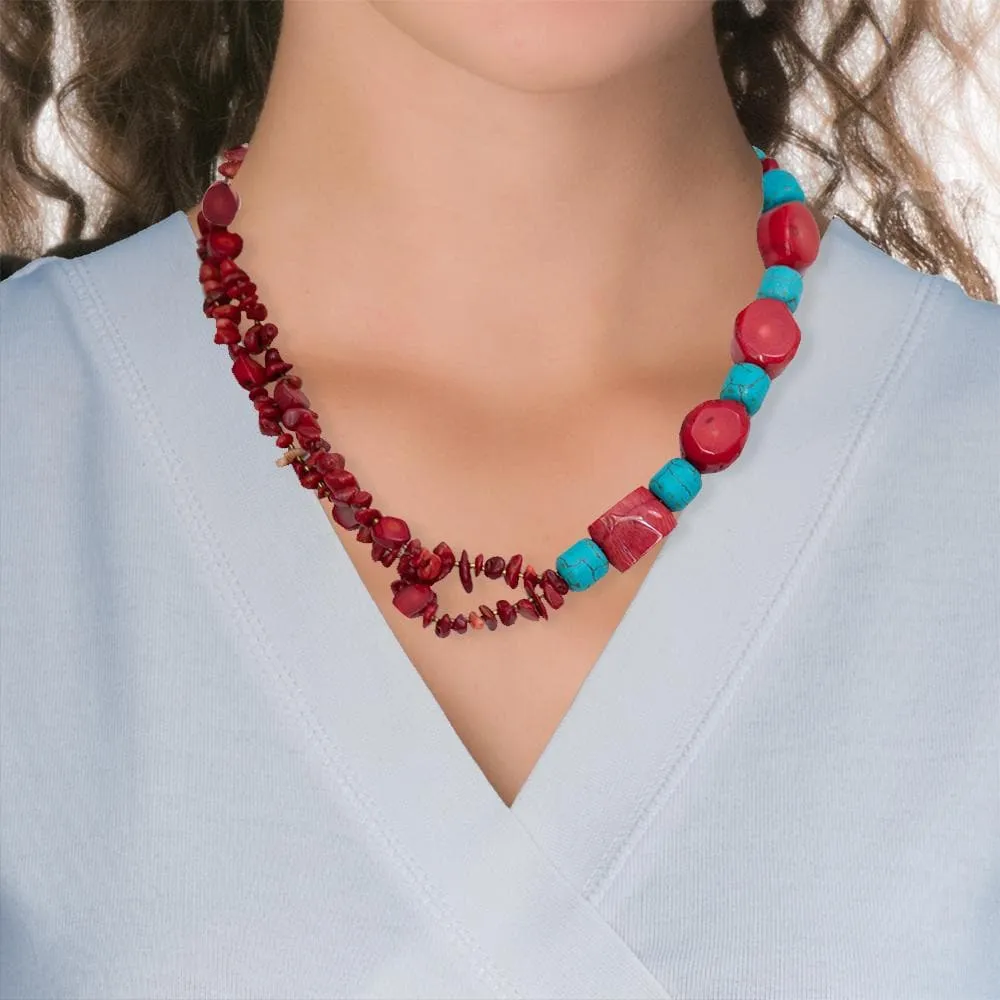 Handmade Short Necklace With Coral & Howlite Gemstones