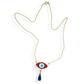 Handmade Short Necklace With Gold Plated Silver Orange Turquoise Enamel Evil Eye with Gemstones