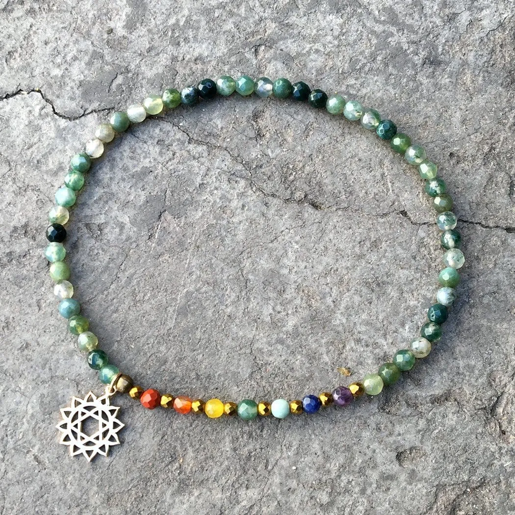 Heart Chakra Anklet, Chakra Gemstones and Moss Agate Anklet