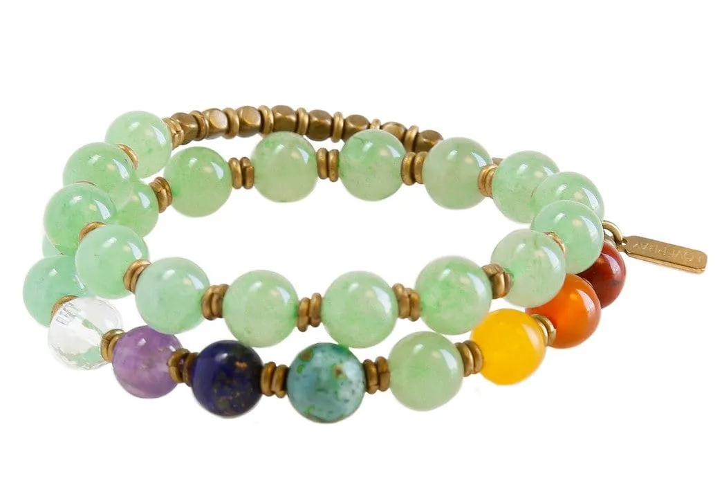 Heart Chakra, Genuine Aventurine and Chakra Gemstones 27 Bead Wrap Yoga Mala Bracelet