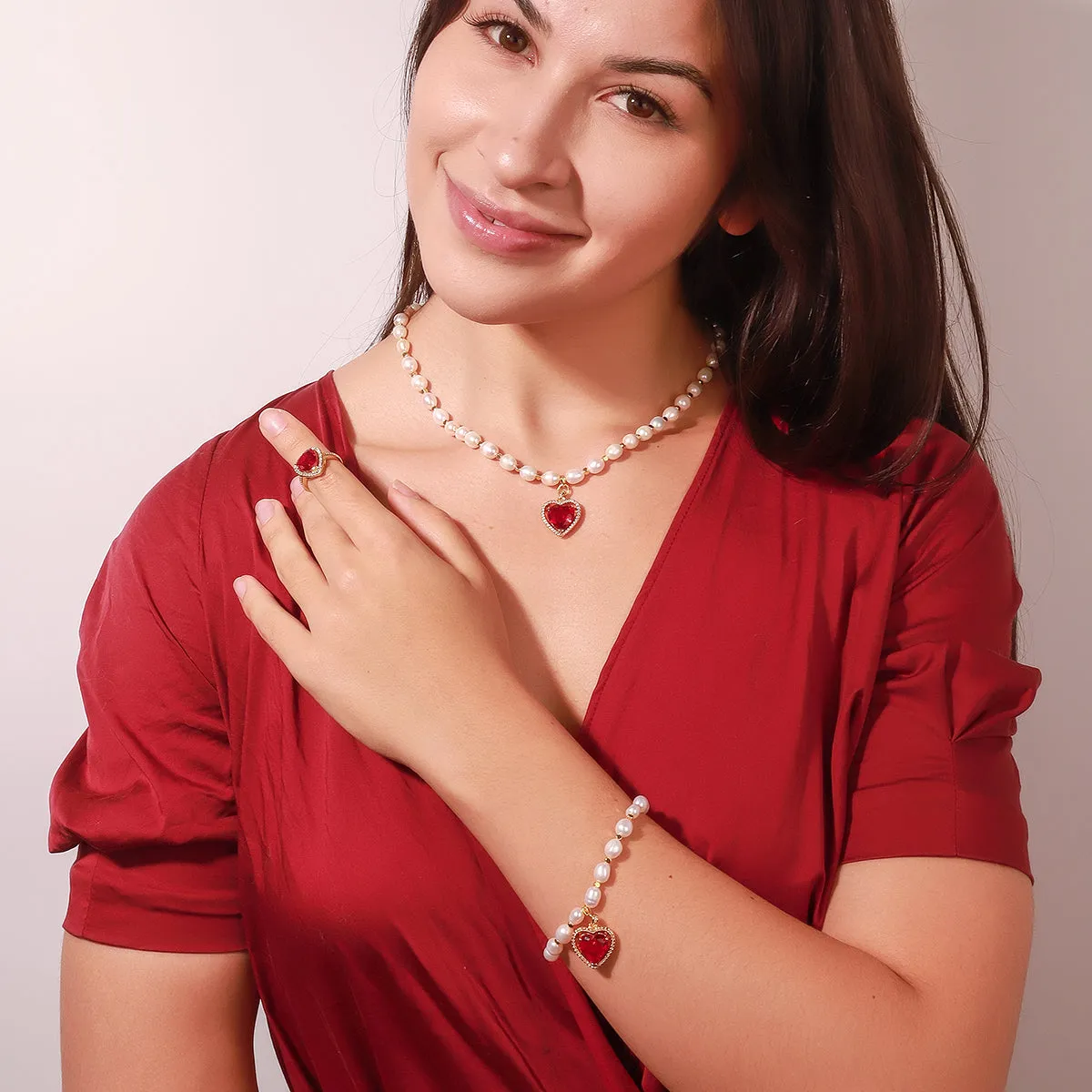 Heart Gem Pearl Necklace & Bracelet