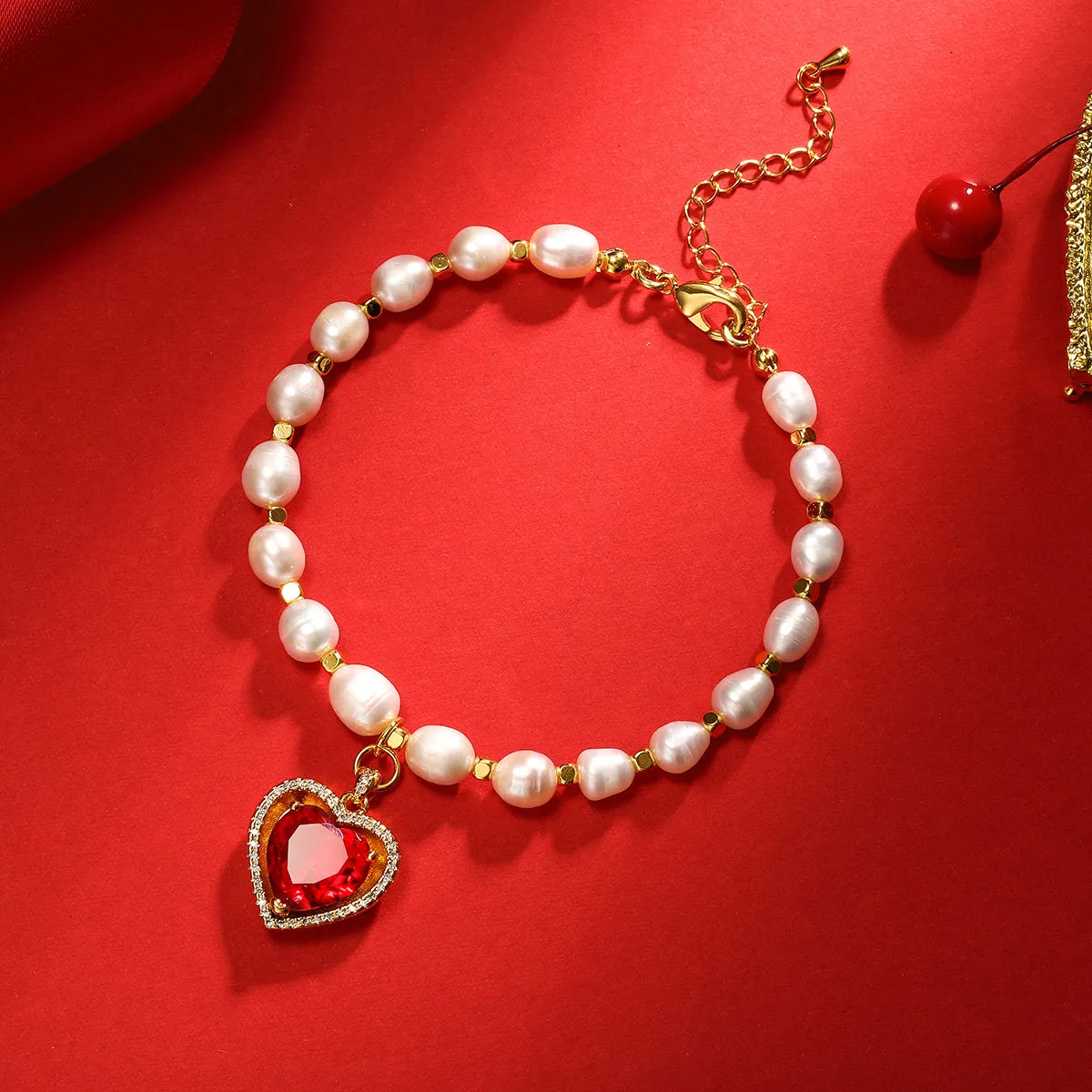 Heart Gem Pearl Necklace & Bracelet