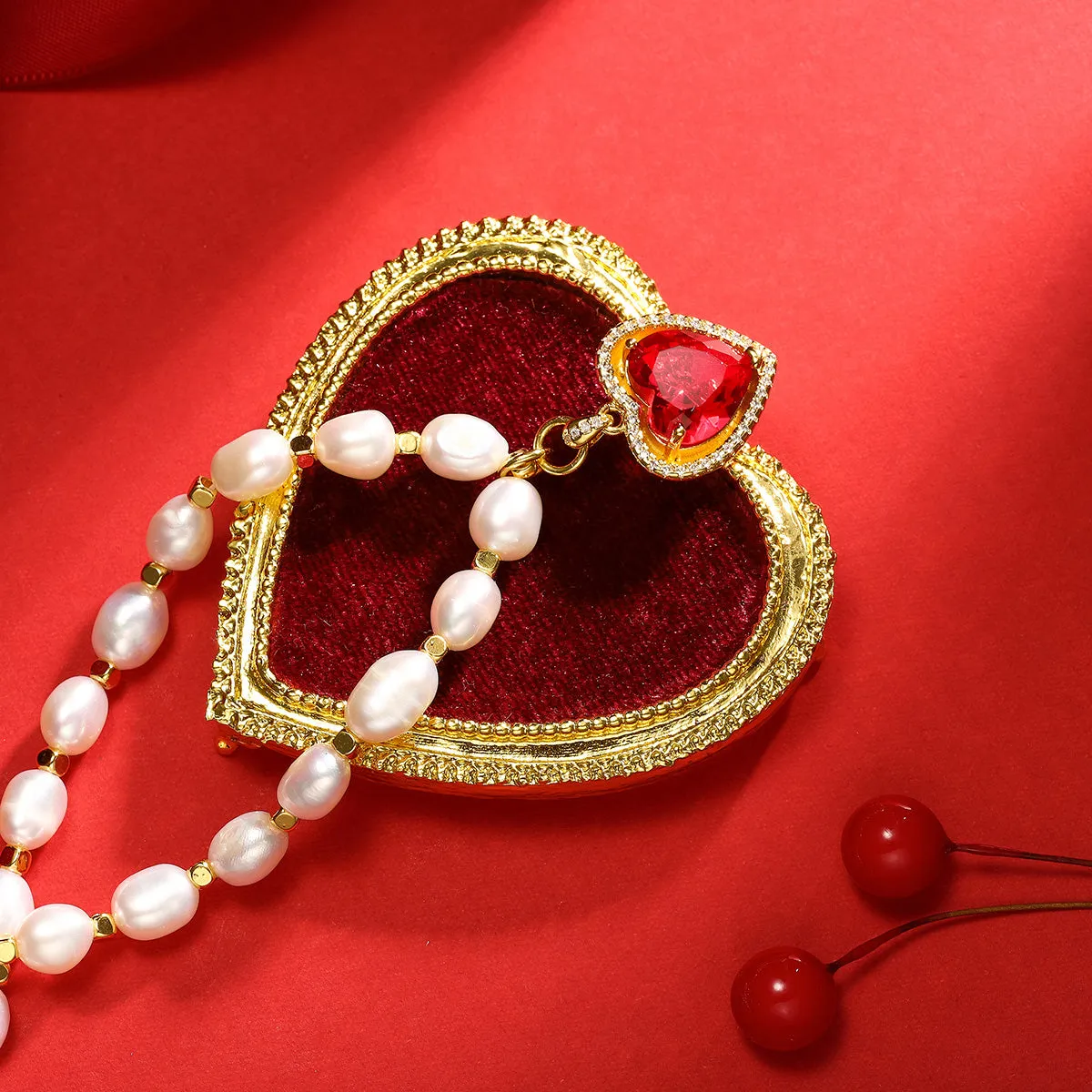 Heart Gem Pearl Necklace & Bracelet