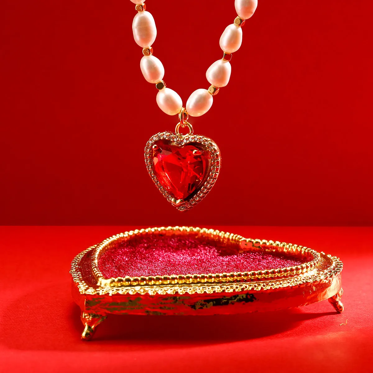 Heart Gem Pearl Necklace & Bracelet