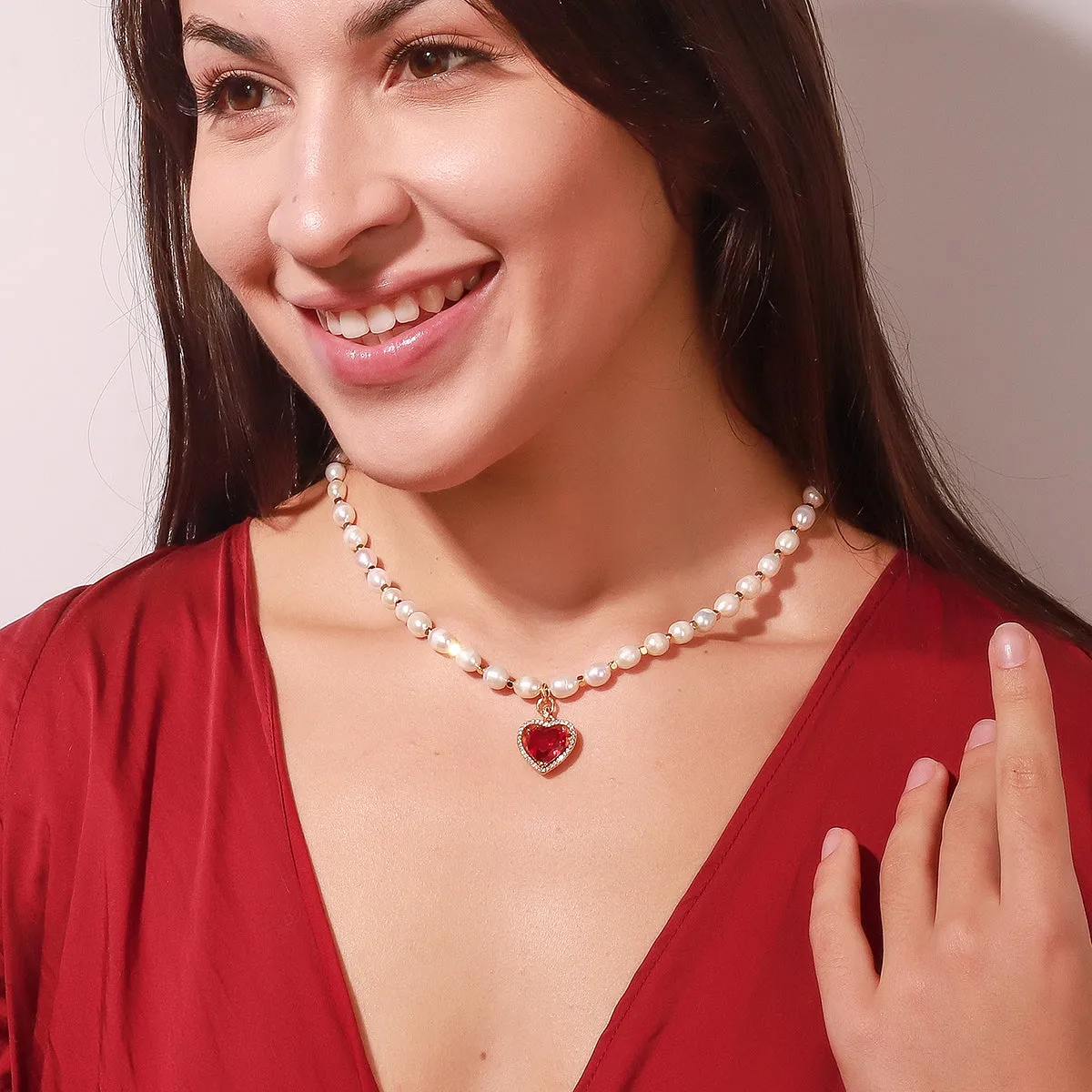 Heart Gem Pearl Necklace & Bracelet