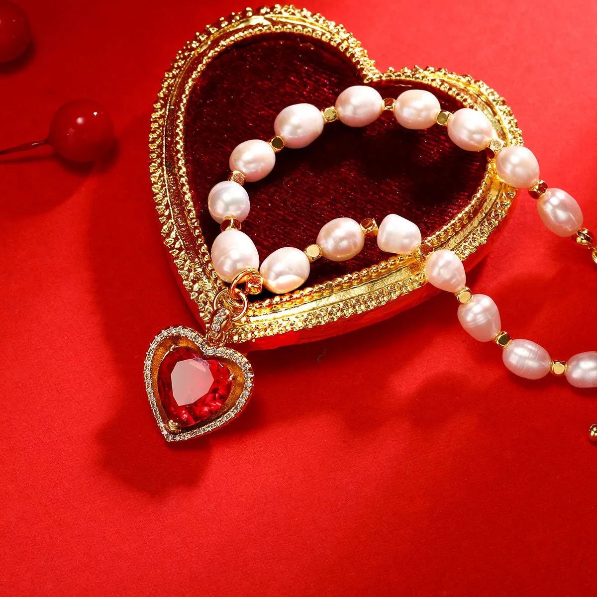 Heart Gem Pearl Necklace & Bracelet