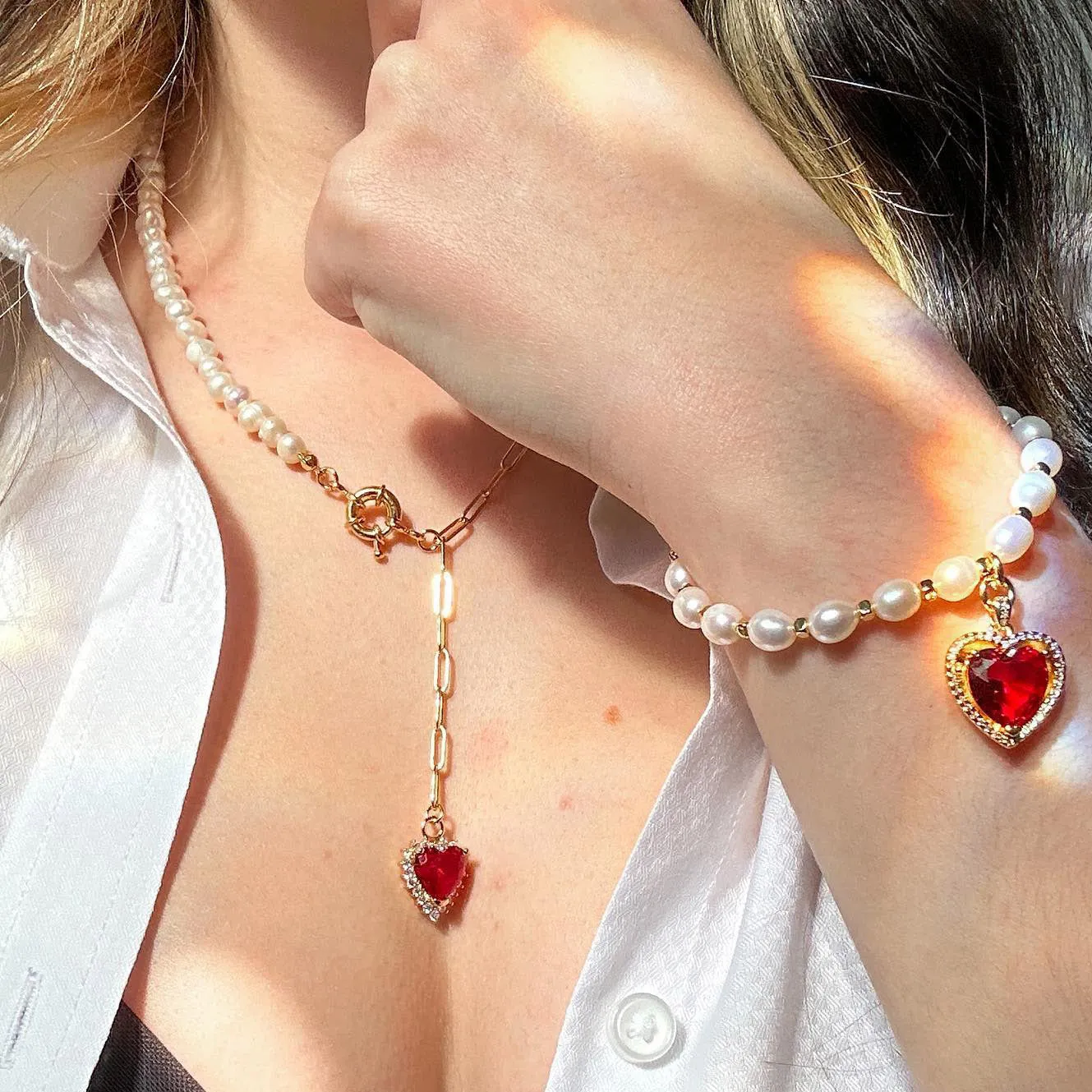 Heart Gem Pearl Necklace & Bracelet