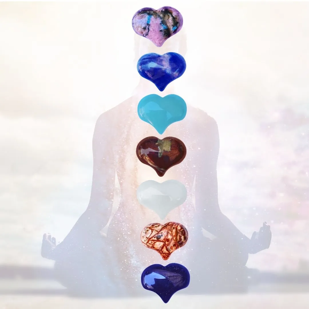 Heart Shaped Healing Gemstones Corresponding with the Seven Chakras