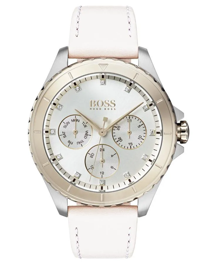 Hugo Boss Womens Premiere Watch - Two-Tone - Gemstones - Pink Leather Strap