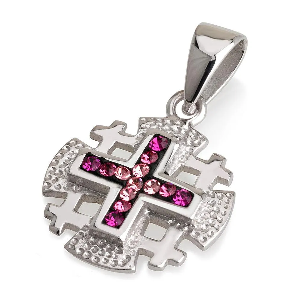 Jerusalem Cross Pendant 925 Sterling Silver With Pink Gemstones Colors