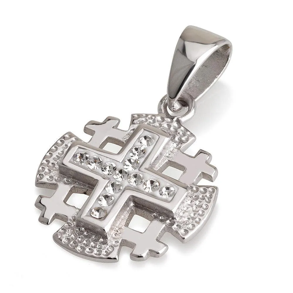 Jerusalem Cross Pendant 925 Sterling Silver With White Gemstones Colors