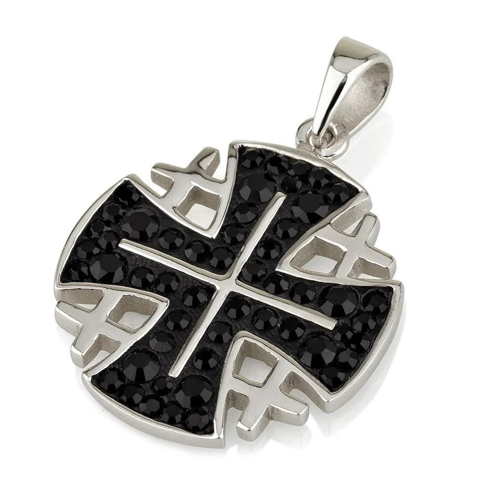 Jerusalem Cross Pendant Black Swarovski Gemstones Sterling Silver 925