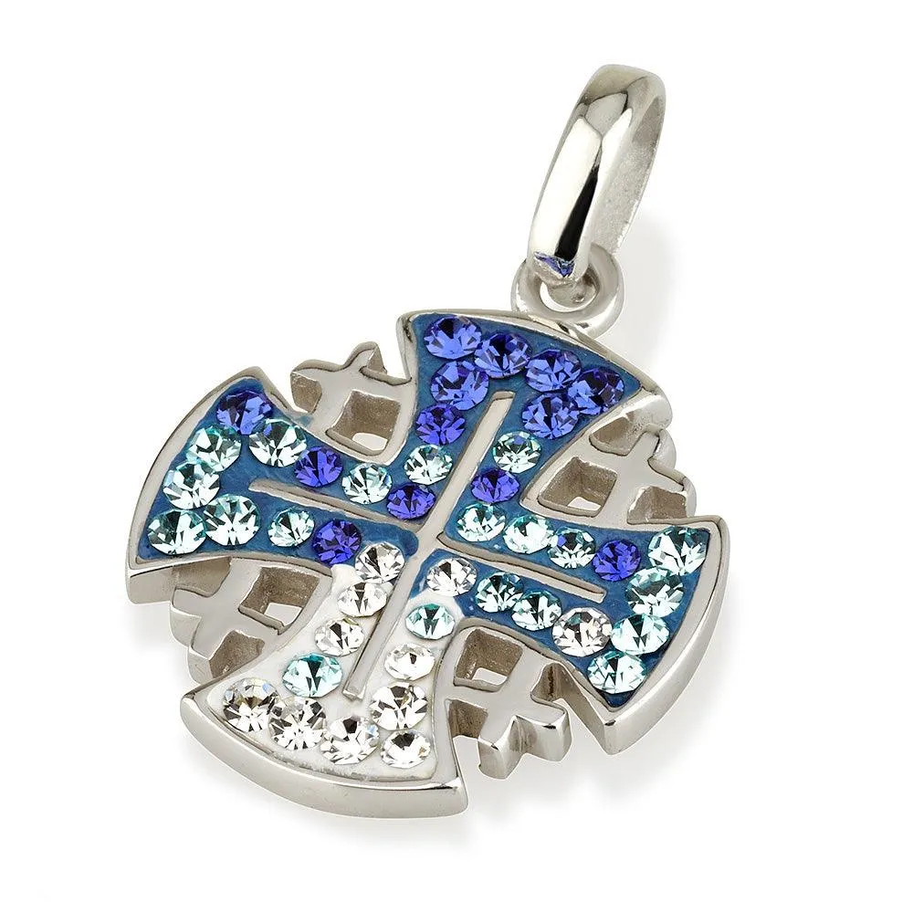 Jerusalem Cross Pendant Blue Swarovski Gemstones Sterling Silver 925