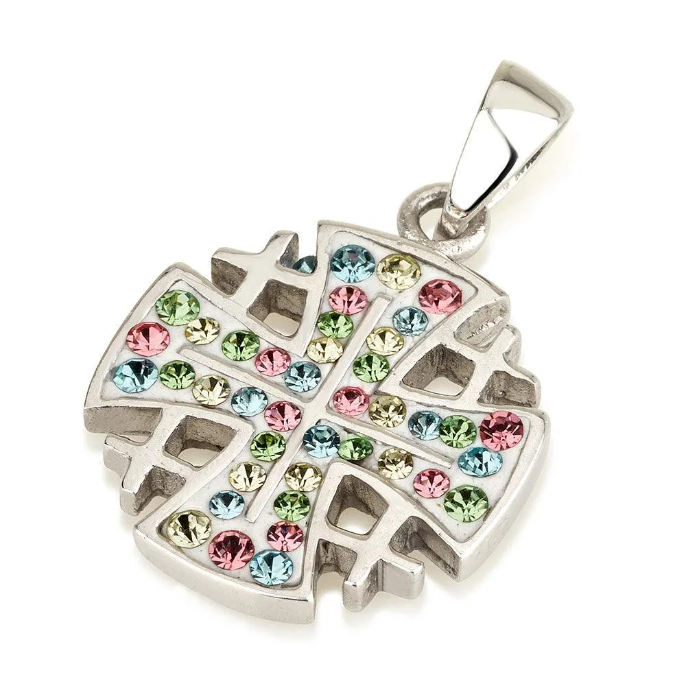 Jerusalem Cross Pendant Pink Swarovski Gemstones Sterling Silver 925