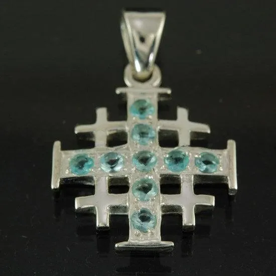 Jerusalem Cross Silver Pendant with Light Blue Gemstones   925 Silver Necklace