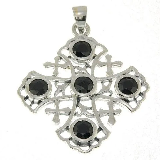 Jerusalem Cross Sterling Silver 925 Pendant With Black Gemstones