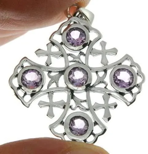 Jerusalem Cross Sterling Silver 925 Pendant With Purple Gemstones