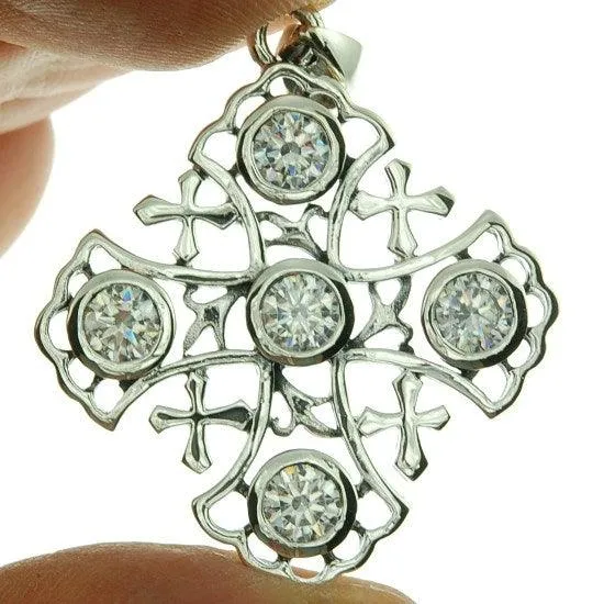 Jerusalem Cross Sterling Silver 925 Pendant With White Gemstones