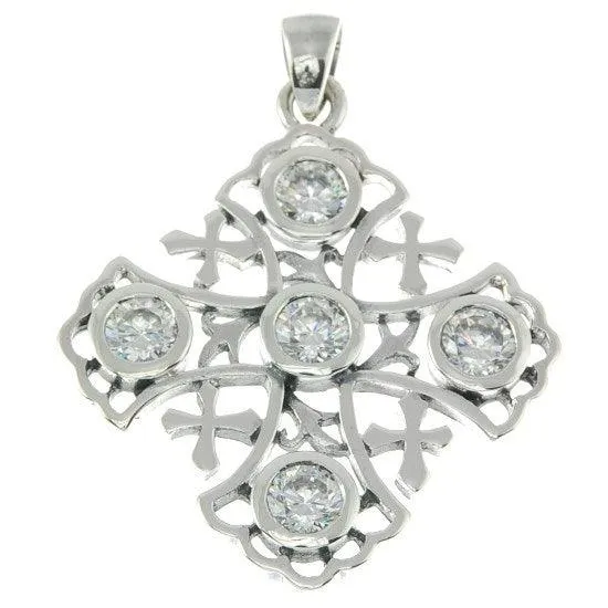 Jerusalem Cross Sterling Silver 925 Pendant With White Gemstones