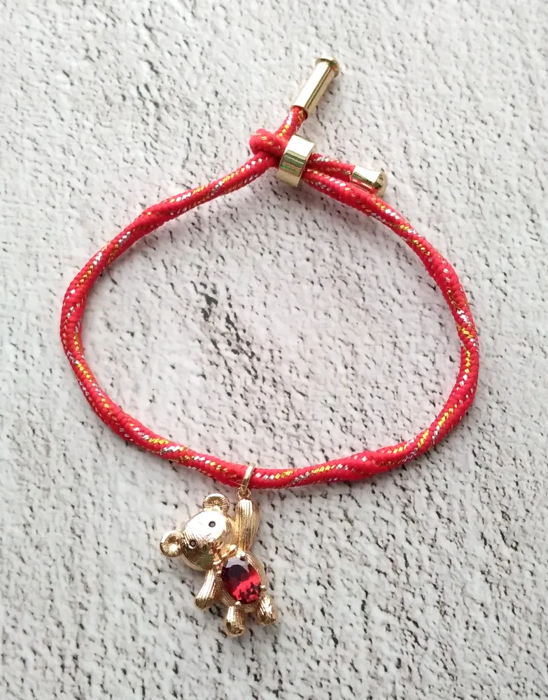 Kelly Red Gem Toy Bear Metallic Corded Slider Bracelet