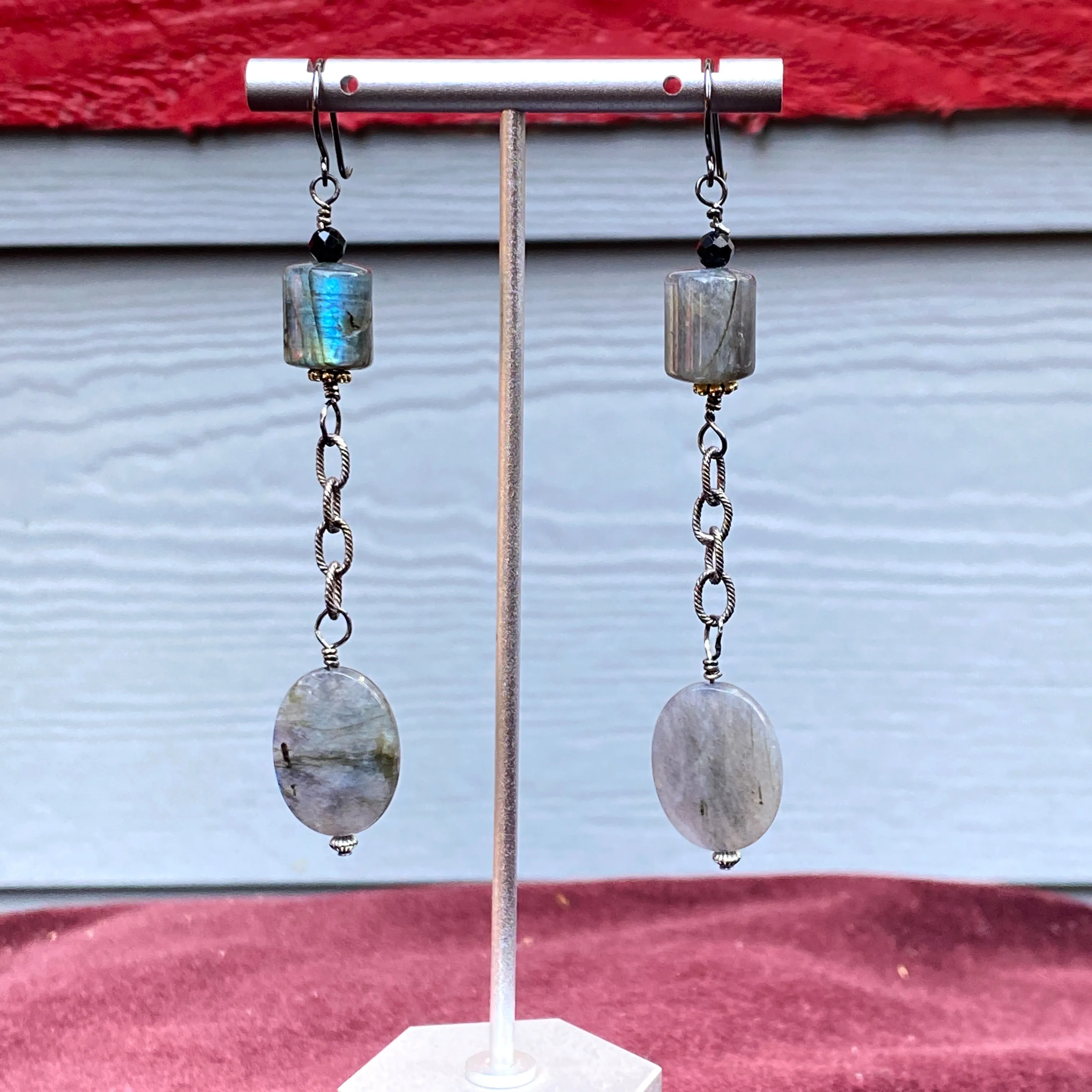 Labradorite, Black Spinel Gemstones, and Oxidized Sterling Silver Earrings