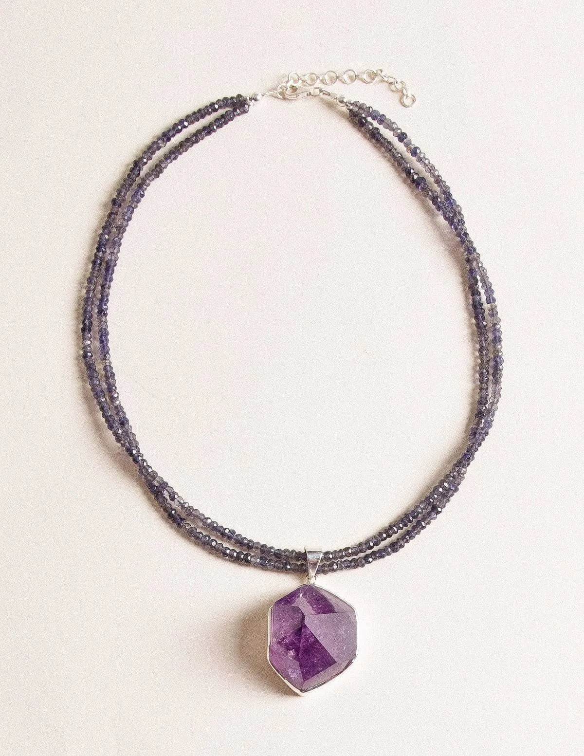 Large Amethyst Crystal on Beaded Iolite Necklace - One of a Kind