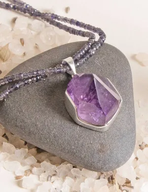 Large Amethyst Crystal on Beaded Iolite Necklace - One of a Kind