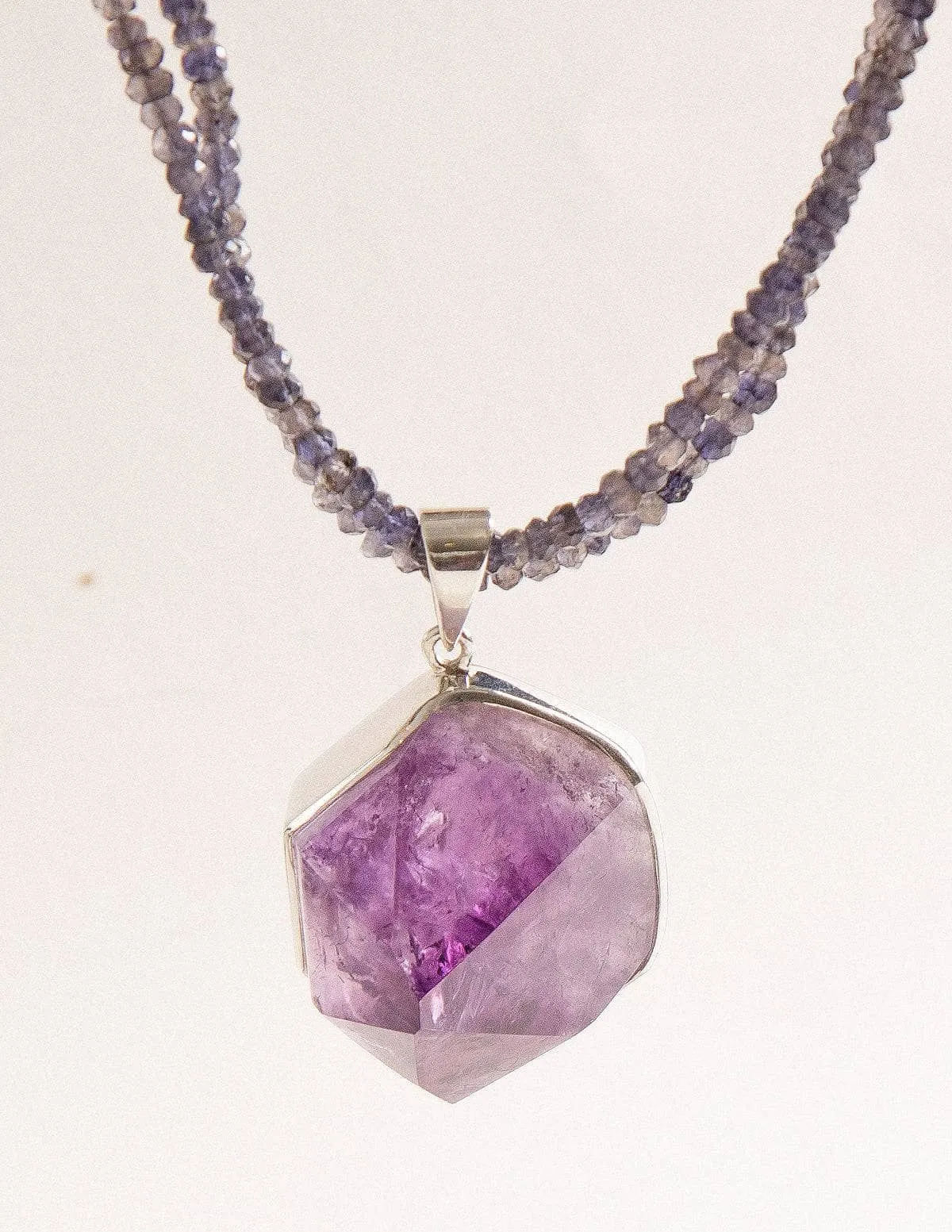 Large Amethyst Crystal on Beaded Iolite Necklace - One of a Kind