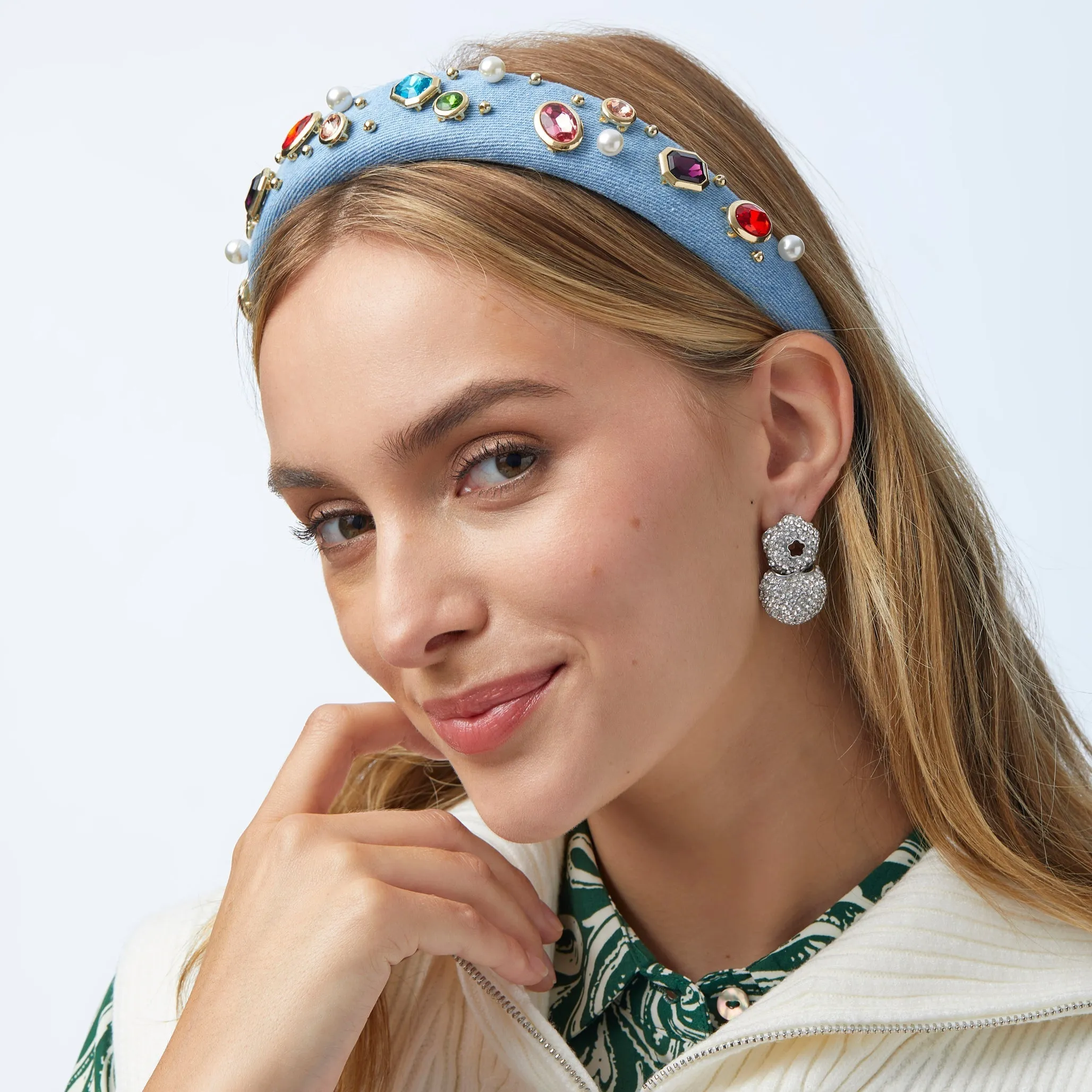 LIGHT DENIM GEM BEZEL DENIM ALICE HEADBAND