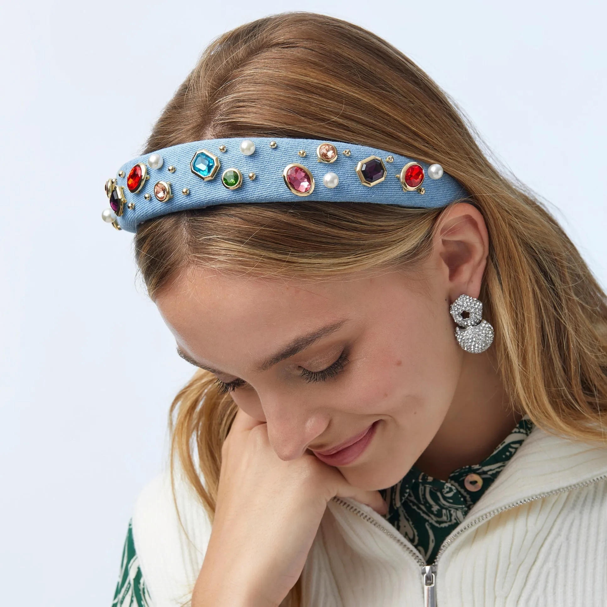 LIGHT DENIM GEM BEZEL DENIM ALICE HEADBAND