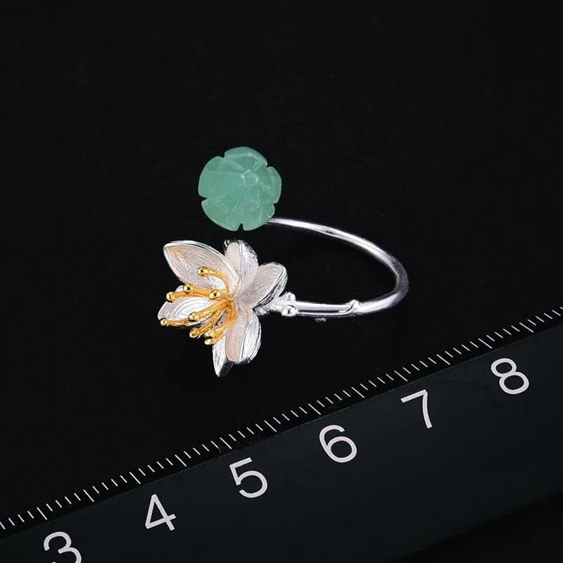 Lotus Real 925 Sterling Silver Aventurine Gemstones Flower Ring