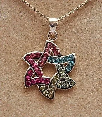 Magen David With Littel Color Gemstones Sterling Silver 925 Neck Chain & Box