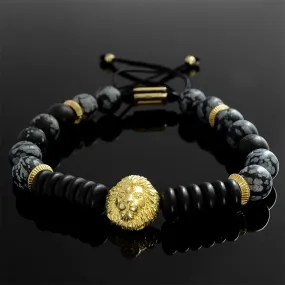 Men's Beaded Bracelet Snowflake Obsidian Gemstones with Silver Lion Charm Yellow Gold Plated