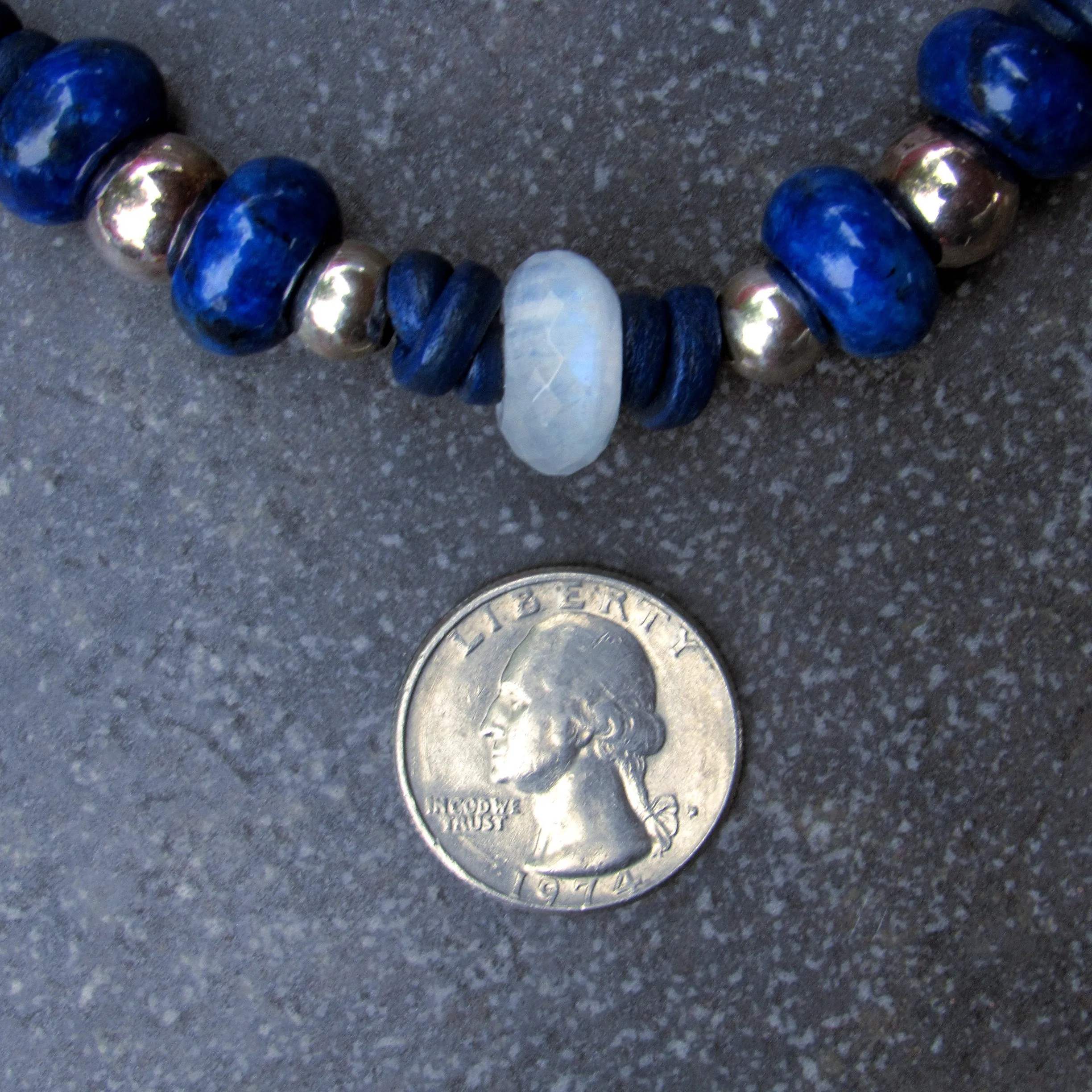 Moonstone center stone with Lapis Lazuli gemstones, and Sterling Silver leather bracelet