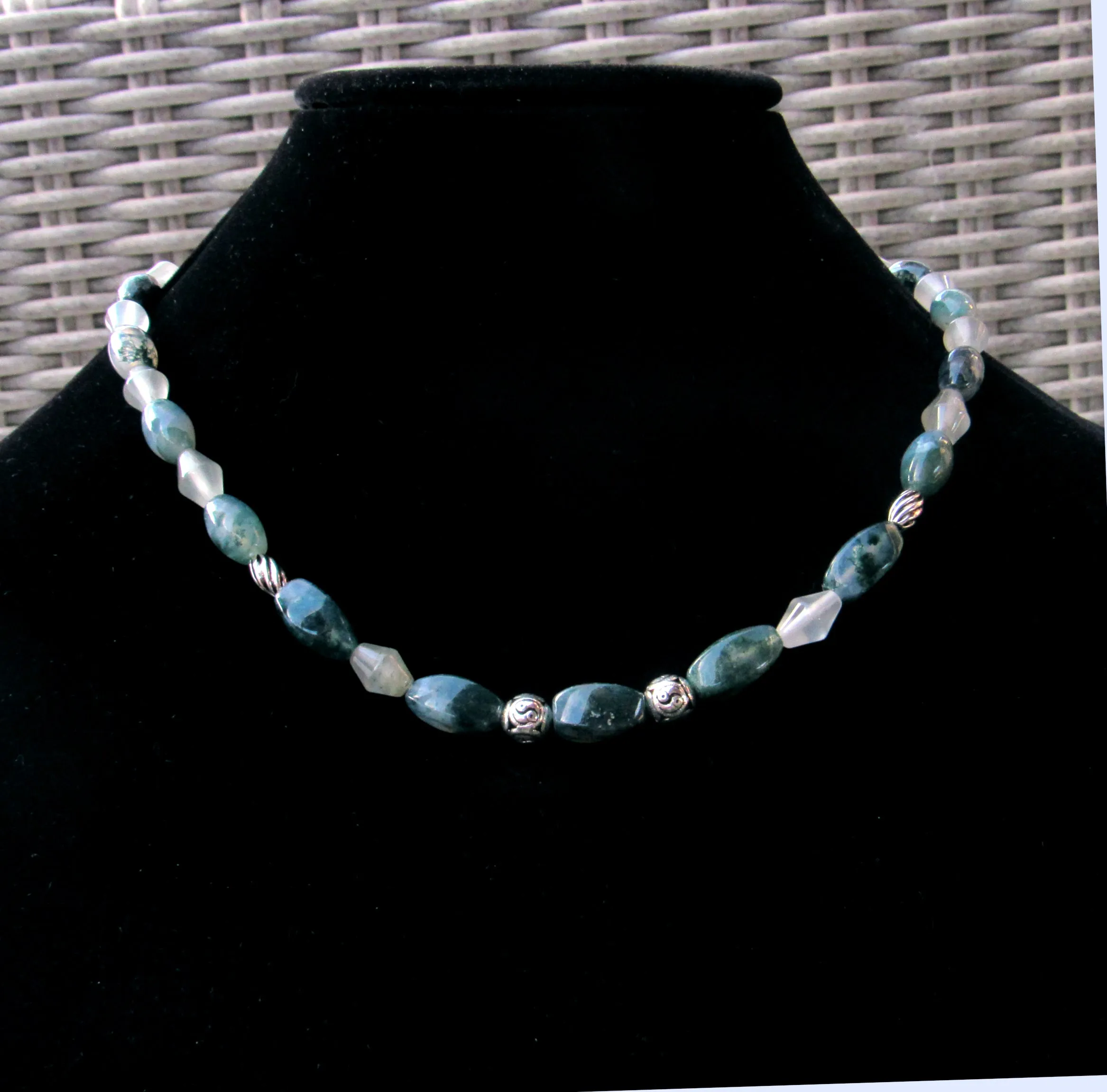 Moss Agate, Green Rutile Quartz gemstones, and Sterling Silver Yin Yang Necklace