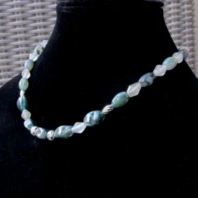 Moss Agate, Green Rutile Quartz gemstones, and Sterling Silver Yin Yang Necklace