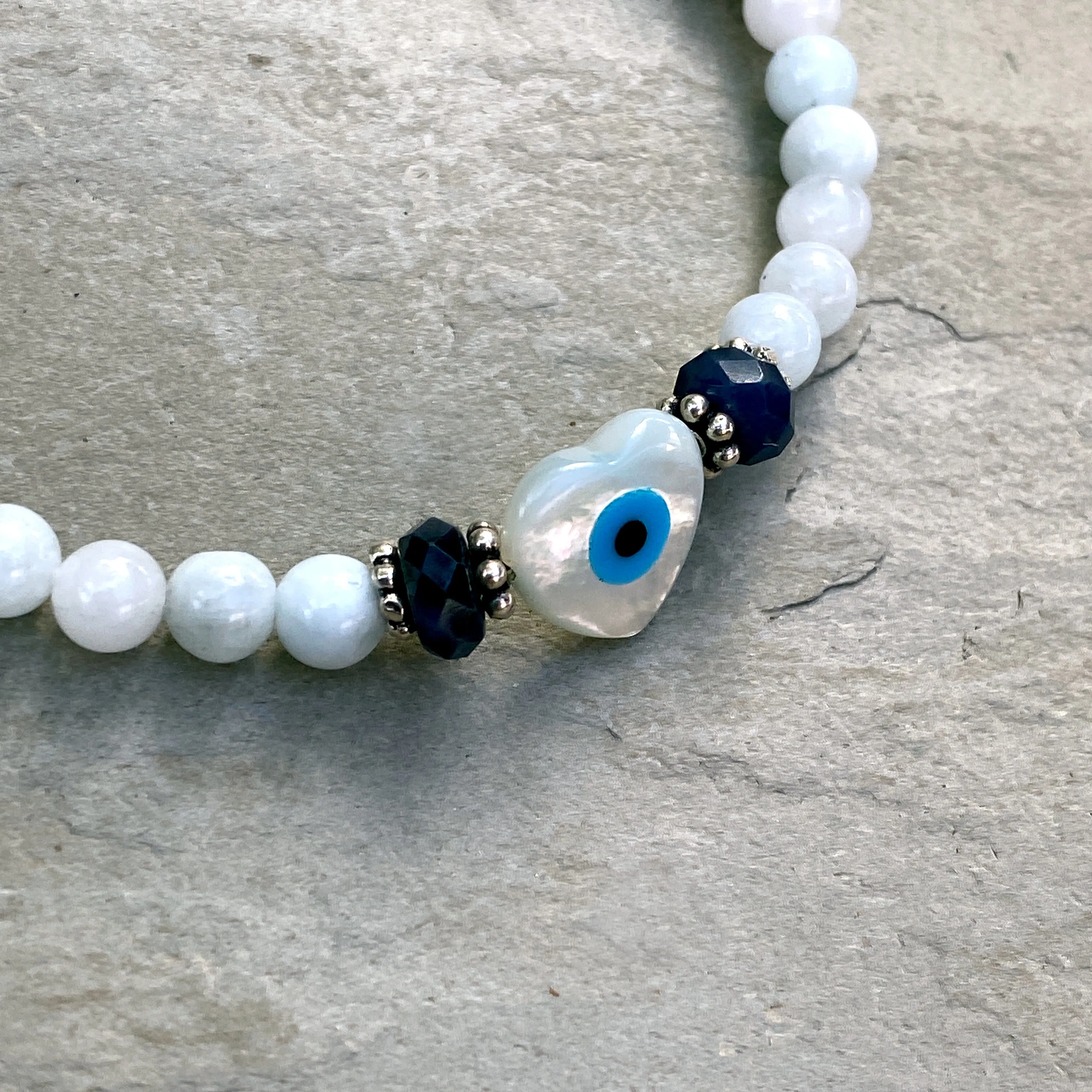 Mother of Pearl, Aquamarine gemstones, and Blue Sapphires with Sterling Silver bracelet