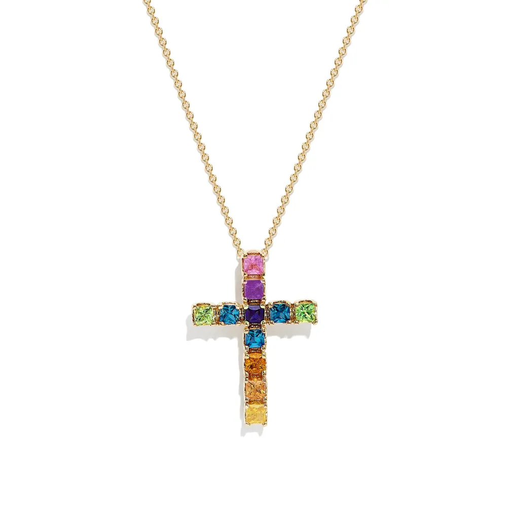 Multi Color Square Rainbow Gemstones Cross Necklace Pendant