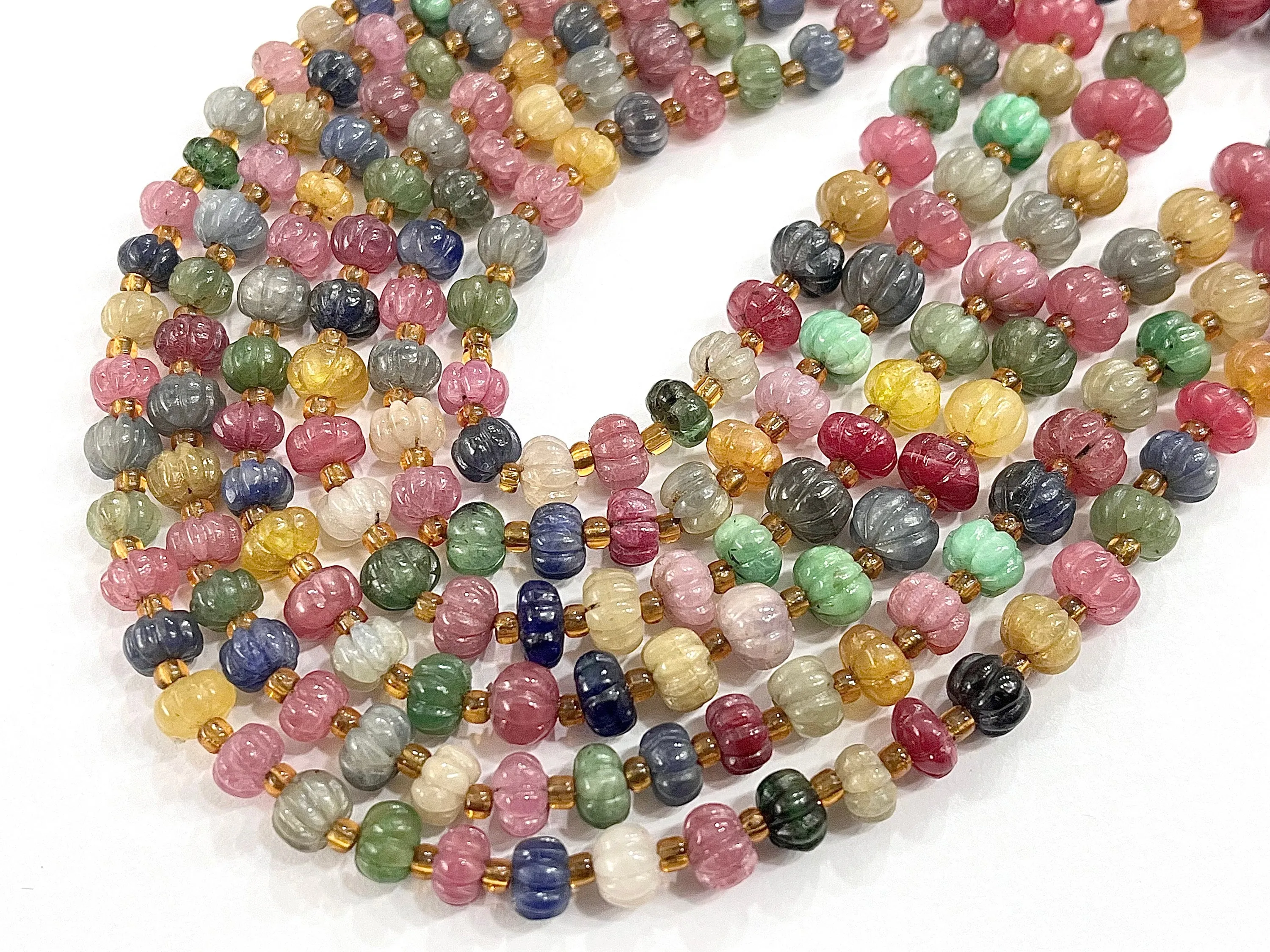 Multi Precious Gemstones Ruby, Sapphire, Emerald Hand carved Melons Shape beads