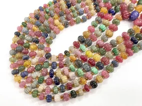 Multi Precious Gemstones Ruby, Sapphire, Emerald Hand carved Melons Shape beads