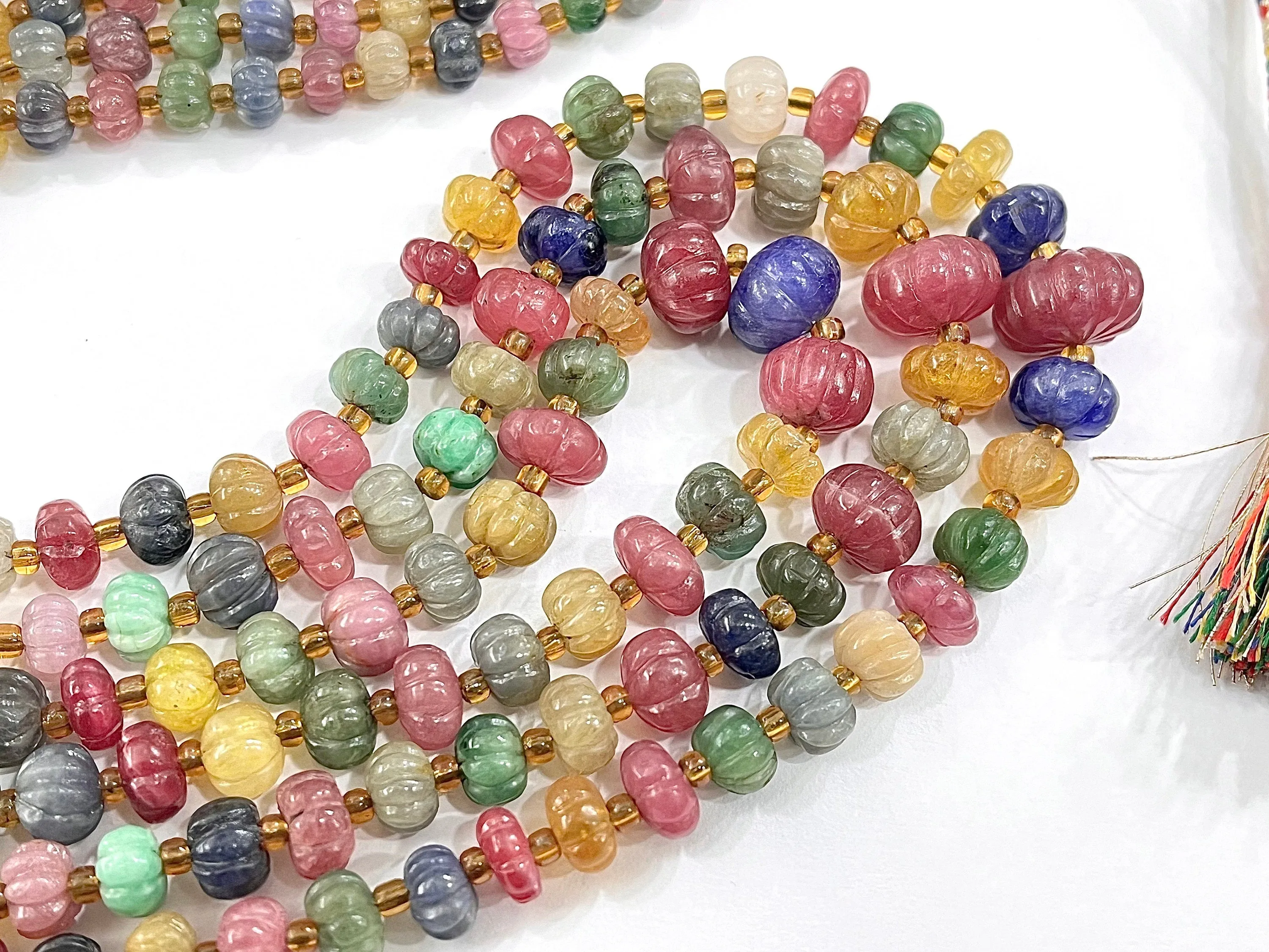 Multi Precious Gemstones Ruby, Sapphire, Emerald Hand carved Melons Shape beads