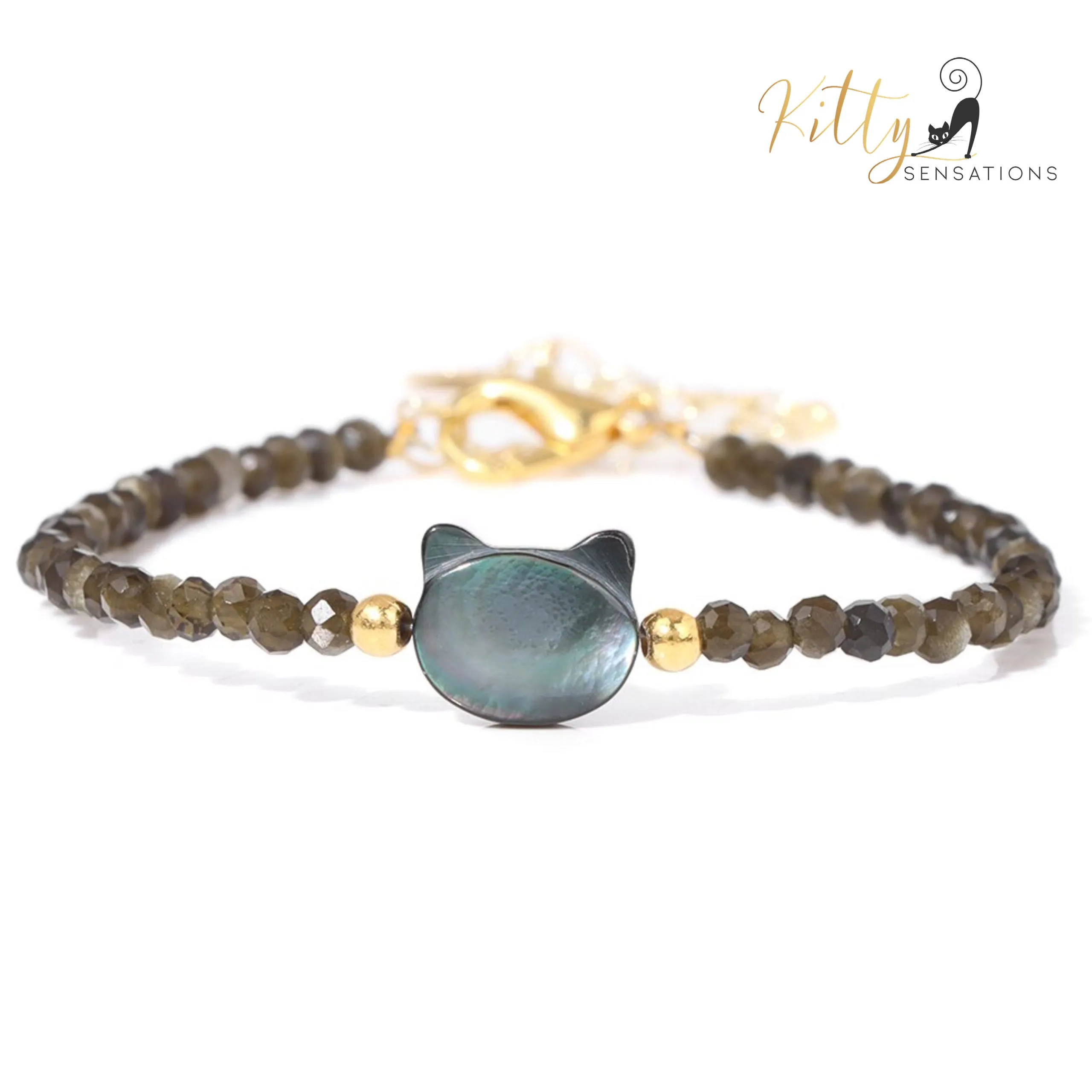 Natural Gemstones, Gray Mother-of-Pearl Kitty Face Bracelet (Adjustable Length)